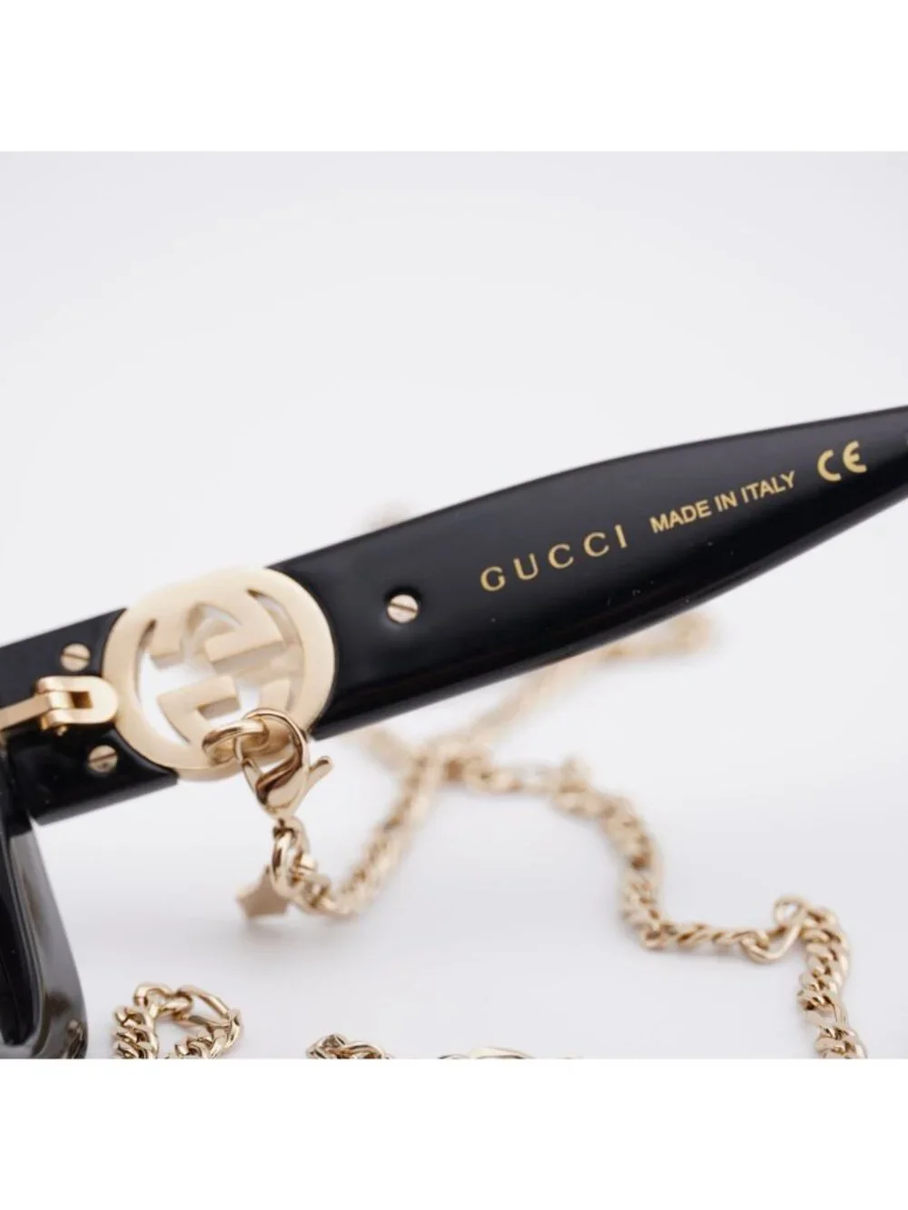 Gucci GG1029SA 005 Sunglasses Black with Gold Chain Square Frame, Brown Lenses